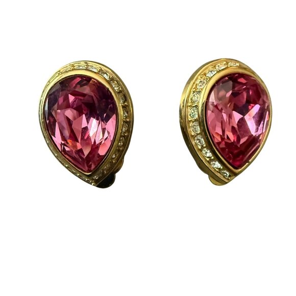 Swarovski Gold Tone Teardrop Pink Clip On Earrings - Picture 1 of 5